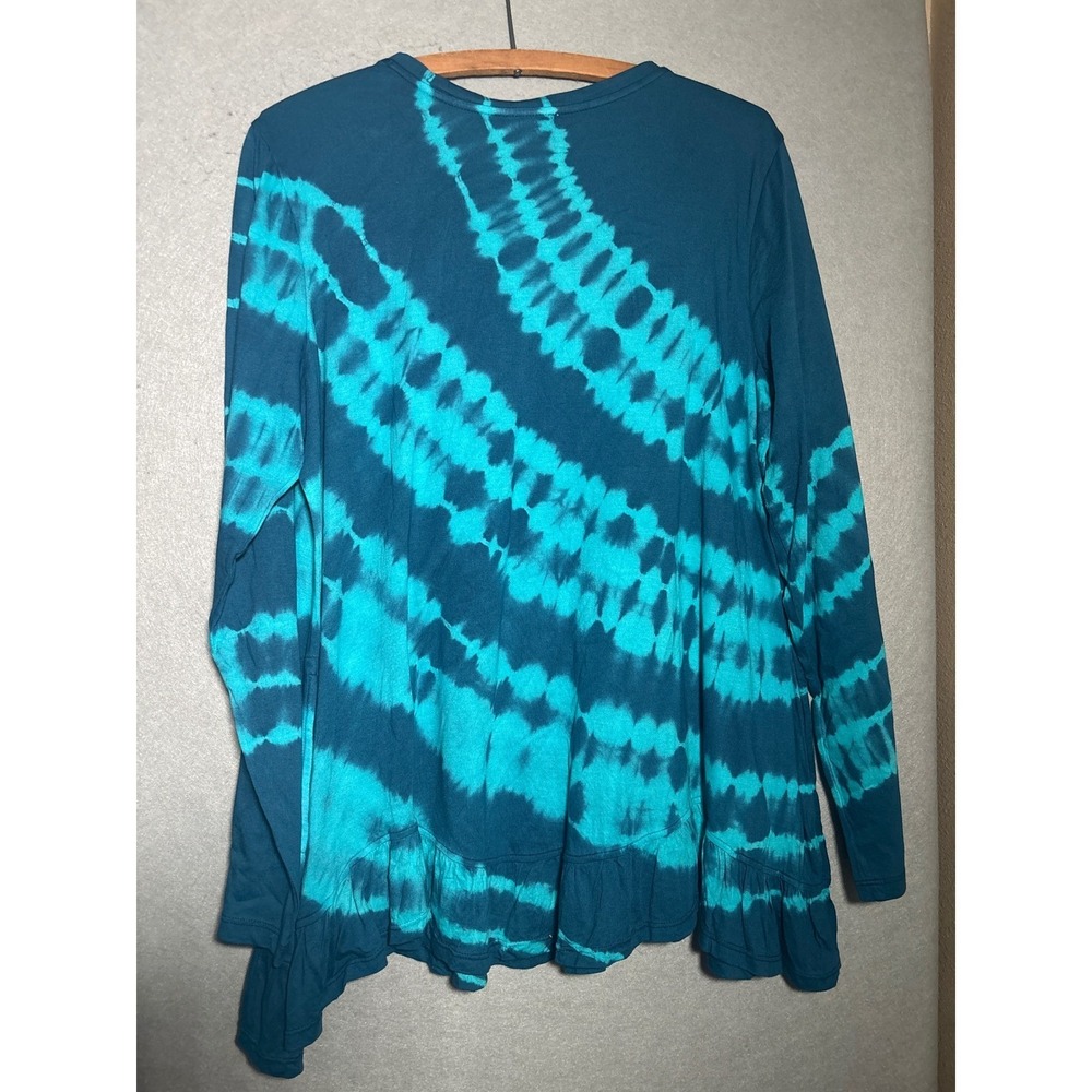 NWT LOGO Lori Goldstein L Tie Dye Tunic Top Blue Teal Ruffle Hem Pockets - Picture 2 of 7